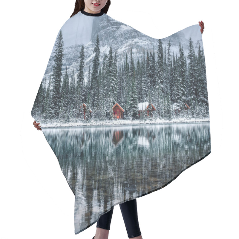 Personality  Wooden Lodge In Pine Forest With Heavy Snow Reflection On Lake O'hara At Yoho National Park, Canada Hair Cutting Cape