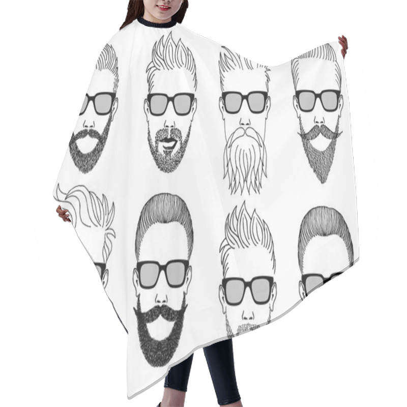 Personality  Hipster Faces With Beard, Vector Set Hair Cutting Cape