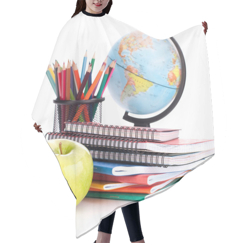 Personality  Globe, Notebook Stack And Pencils. Schoolchild And Student Studi Hair Cutting Cape