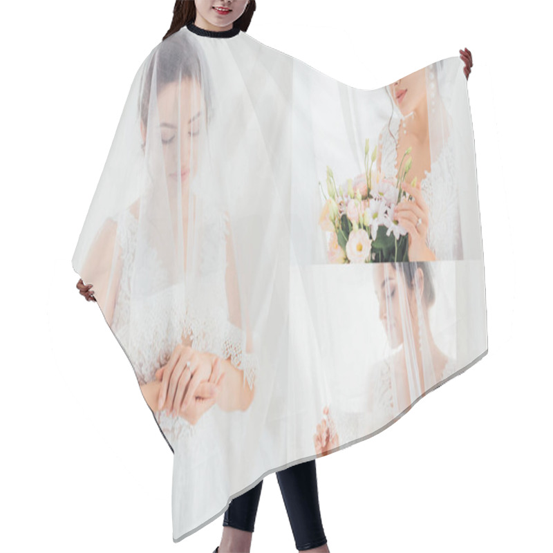 Personality  Collage Of Bride In Wedding Dress Touching Veil And Bouquet Near White Curtains  Hair Cutting Cape