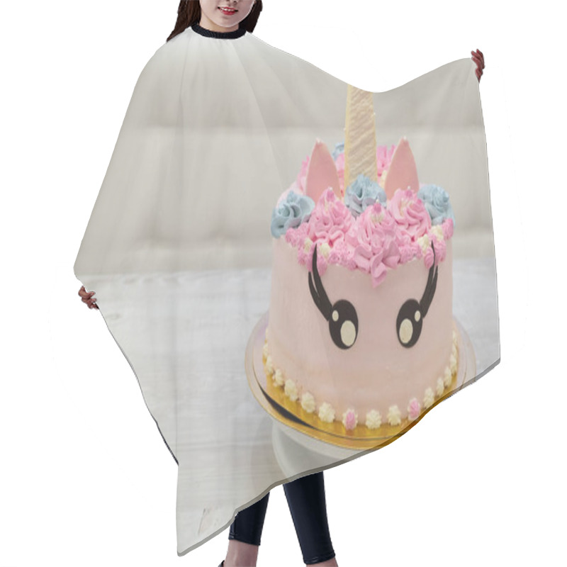 Personality  Birthday Cake In The Form Of A Pink Unicorn Cat. Sweet Cute Cake Hair Cutting Cape