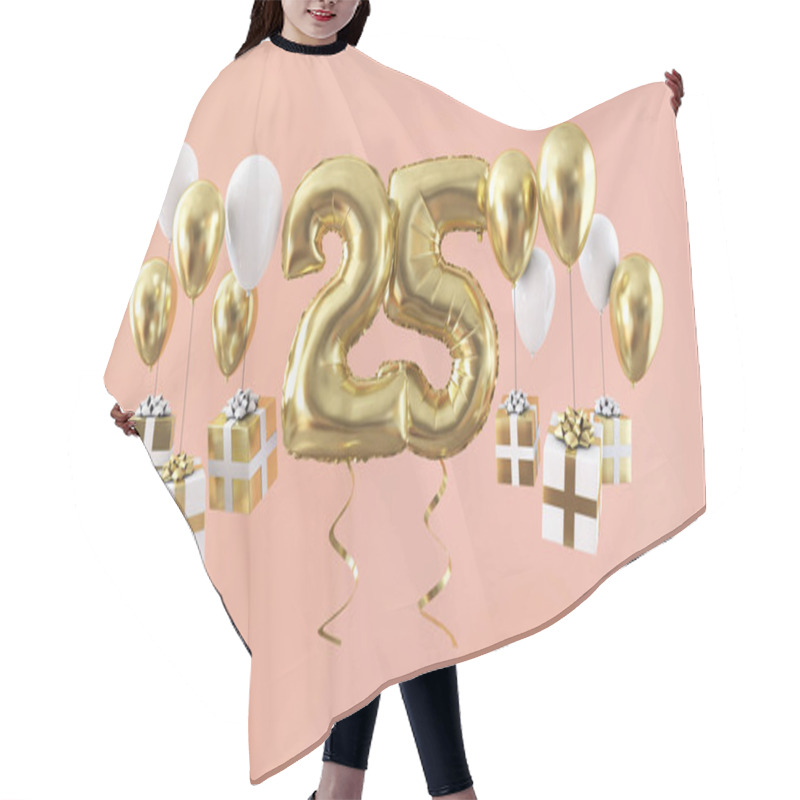 Personality  Number 25 Birthday Celebration Gold Balloon With Presents. 3D Render Hair Cutting Cape