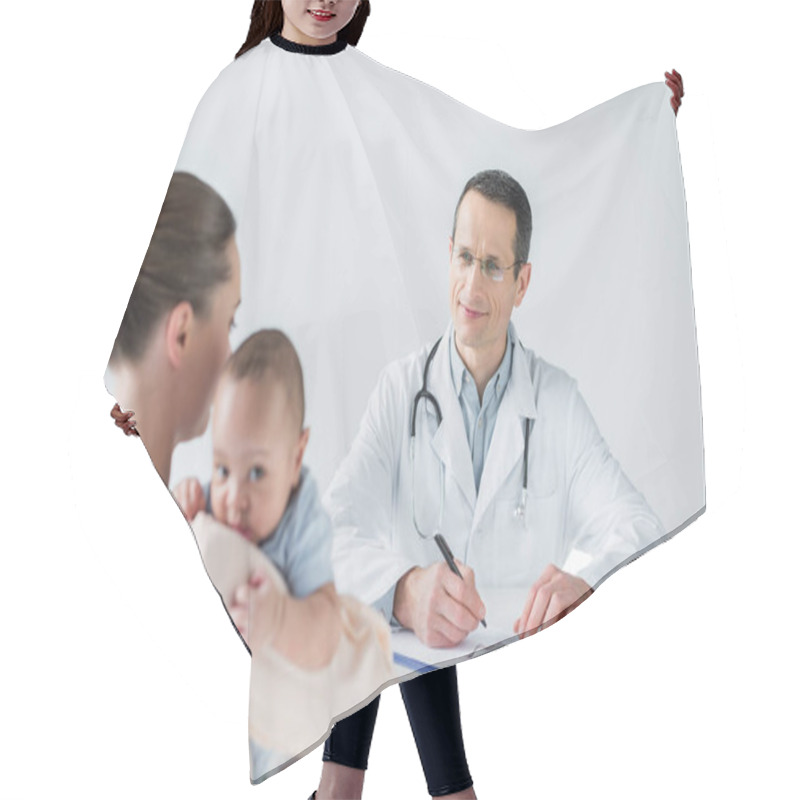 Personality  Mother And Adorable Little Child At Pediatrician Office Hair Cutting Cape