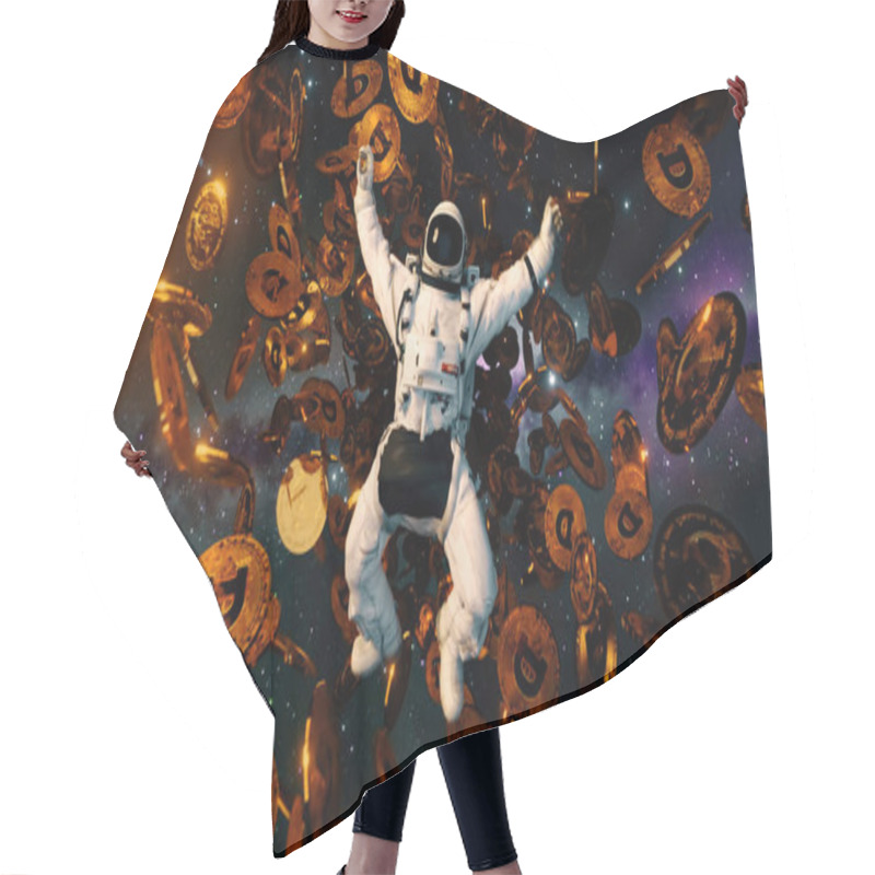 Personality  Falling Astronaut In Outer Space Surrounded By Flying Dogecoins. Cryptocurrency Concept In Space. Black Hole. Interstellar. 3d Illustration Hair Cutting Cape