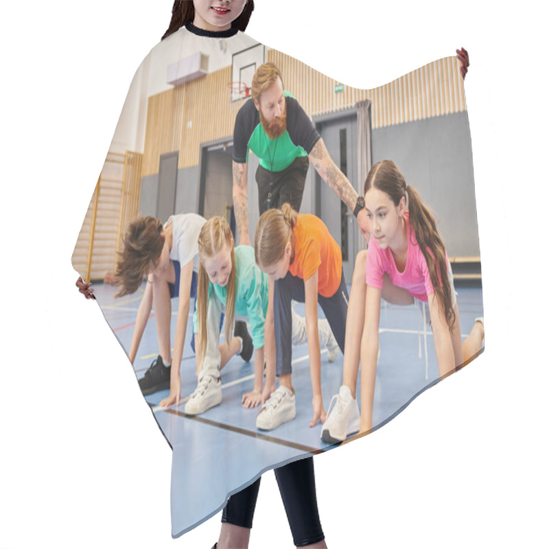 Personality  A Diverse Group Of Kids Are Engaging In A Synchronized Session Of Push Ups On A Gym Floor, Guided By Their Instructor. Hair Cutting Cape