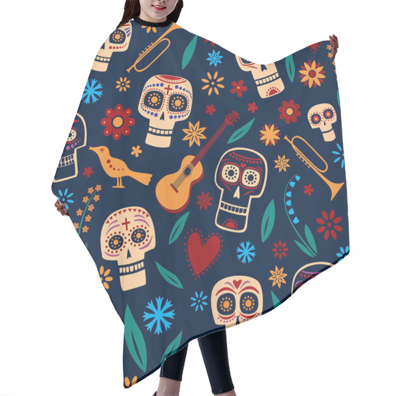 Personality  Seamless Pattern Day Of The Dead.  Decorative Skulls And Flowers. Vector Full Color Graphics Hair Cutting Cape