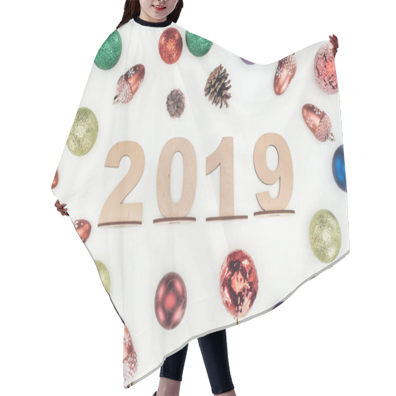 Personality  Top View Of 2019 Date Made Of Wooden Numbers On Background With Christmas Decorations Isolated On White Hair Cutting Cape