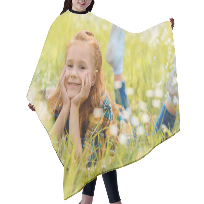 Personality  Portrait Of Little Smiling Child Resting On Green Grass In Meadow Hair Cutting Cape