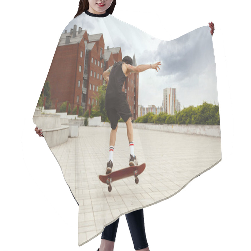 Personality  Skateboarder Doing A Trick At The Citys Street In Cloudly Day Hair Cutting Cape