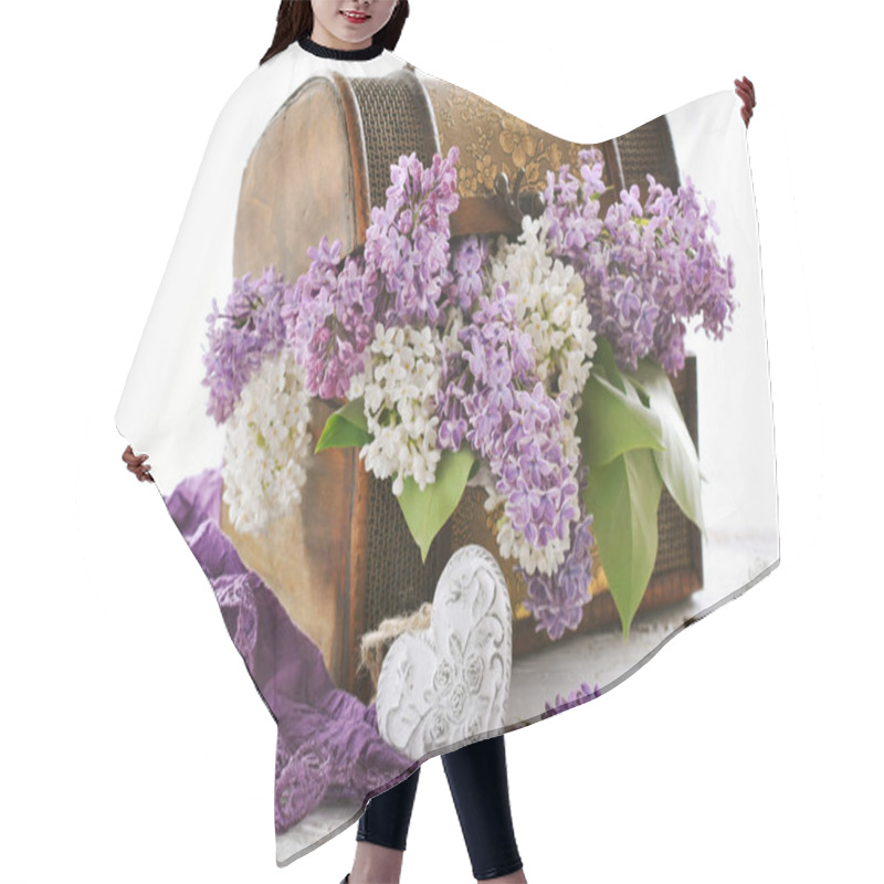 Personality  Bunch Of Purple And White Lilac Blossoms In Old Wooden Chest Isolated On White  Hair Cutting Cape