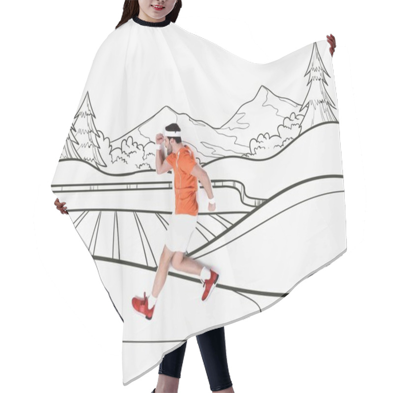 Personality  Creative Hand Drawn Collage With With Man Running By Mountains Landscape Hair Cutting Cape