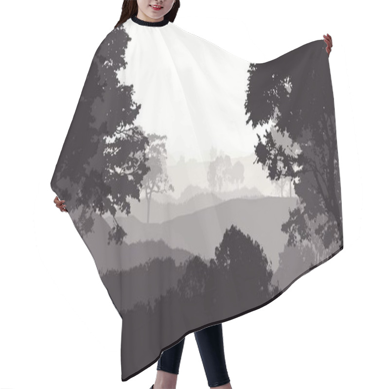 Personality  2d Illustration. Trees In Fog. Deep Forest Haze. Hills Covered By Plants And Foliage. Shrubs And Bushes. Deciduous Wood.  Hair Cutting Cape