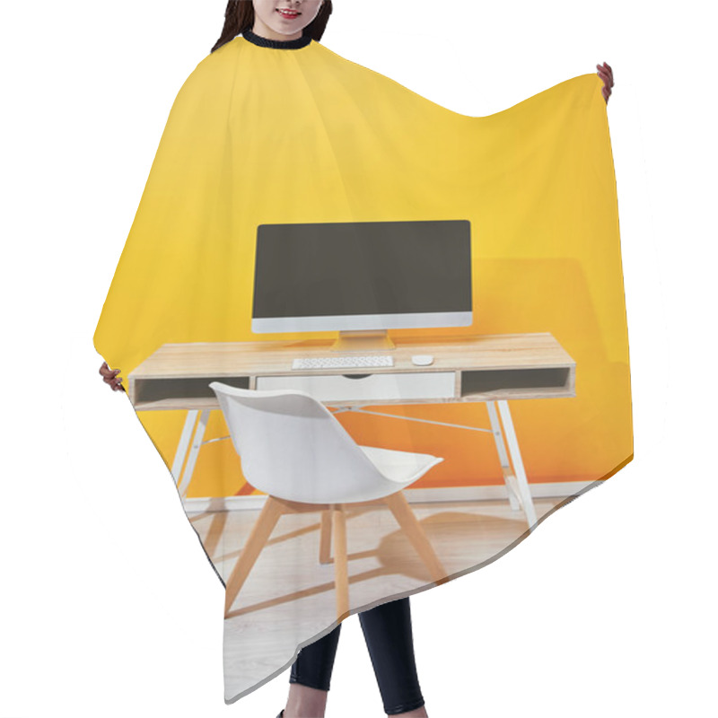 Personality  Computer At Workplace With Chair And Yellow Wall At Background Hair Cutting Cape