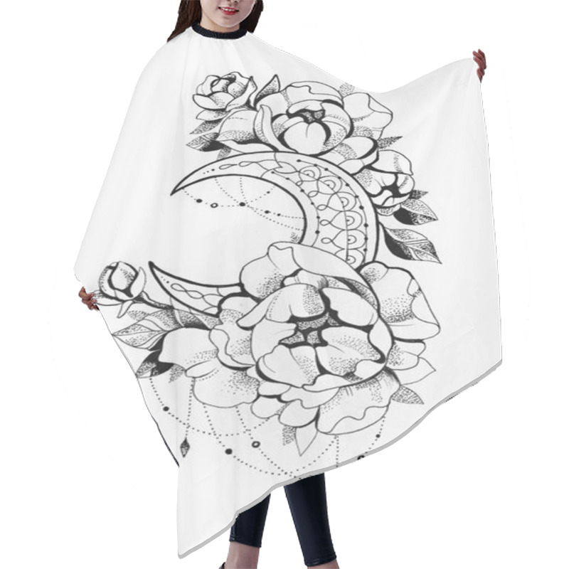 Personality  Sketch Of The Moon With Flowers On A White Background. Hair Cutting Cape