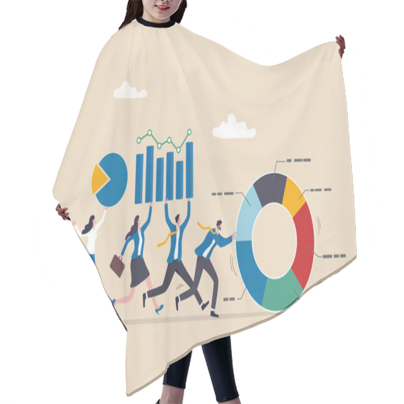 Personality  Data Driven Or Data Analysis, Chart And Graph Report, Analytics, Research And Optimization, Big Data Or Intelligence Information, Insight Concept, Business People Carrying Bar Graph And Pie Chart. Hair Cutting Cape