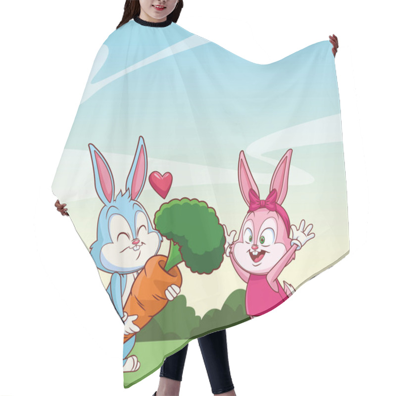 Personality  Cute Easter Bunny Happy Friends With Carrot Nature Background Bushes Hair Cutting Cape