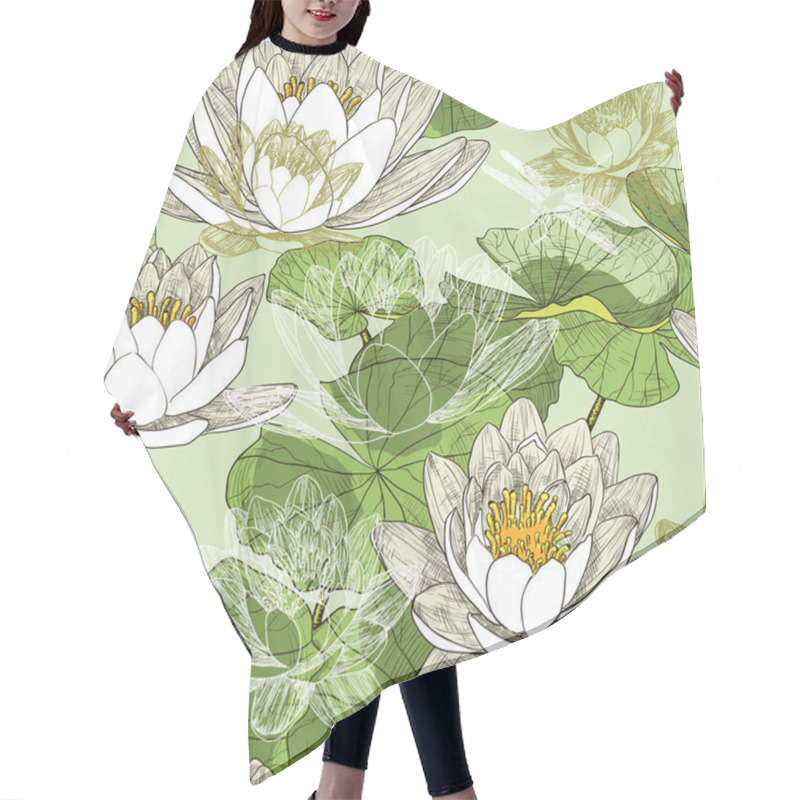 Personality  Seamless Floral Pattern With Blooming Water Lilies And Flying Dragonflies Hair Cutting Cape