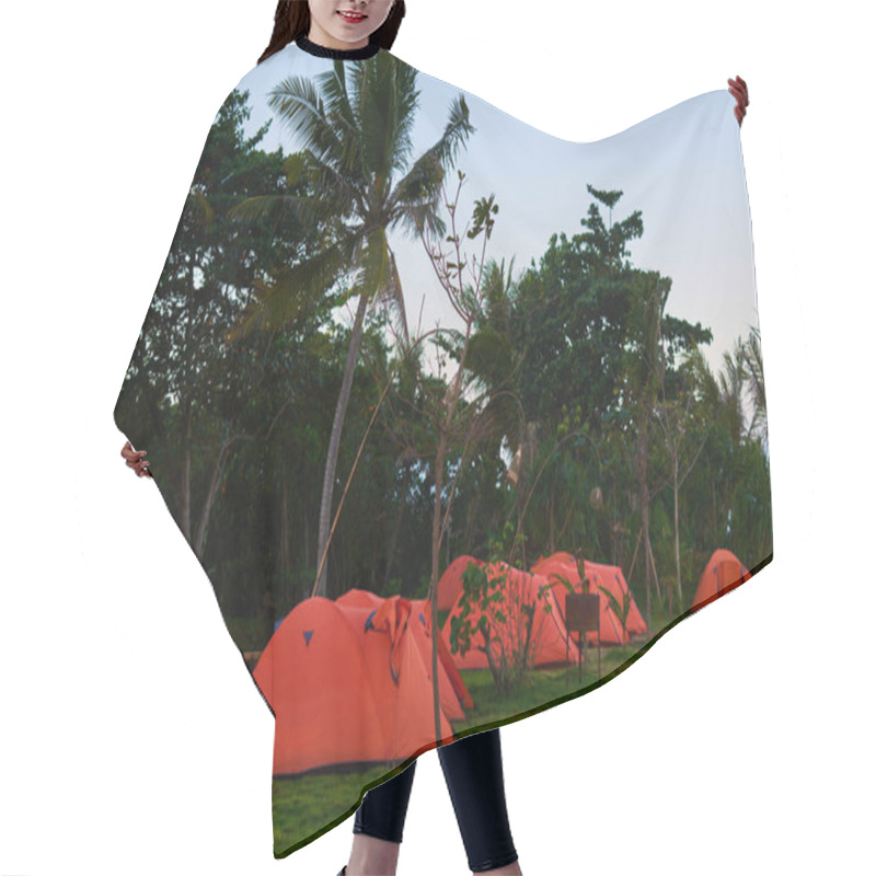 Personality  Camping And Red Tents Under The Tropical Forest. Tourist Tent Camping In Coast. A Bright Red Tents Is Set On A Beautiful Lawn In The Seaside. Concept Of A Relaxed Outdoor Recreation. Travel And Rest. Hair Cutting Cape