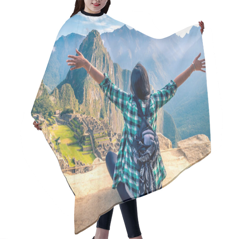 Personality  A Woman Tourist Contemplating The Amazing Landscape Of Machu Picchu With Arms Open Hair Cutting Cape