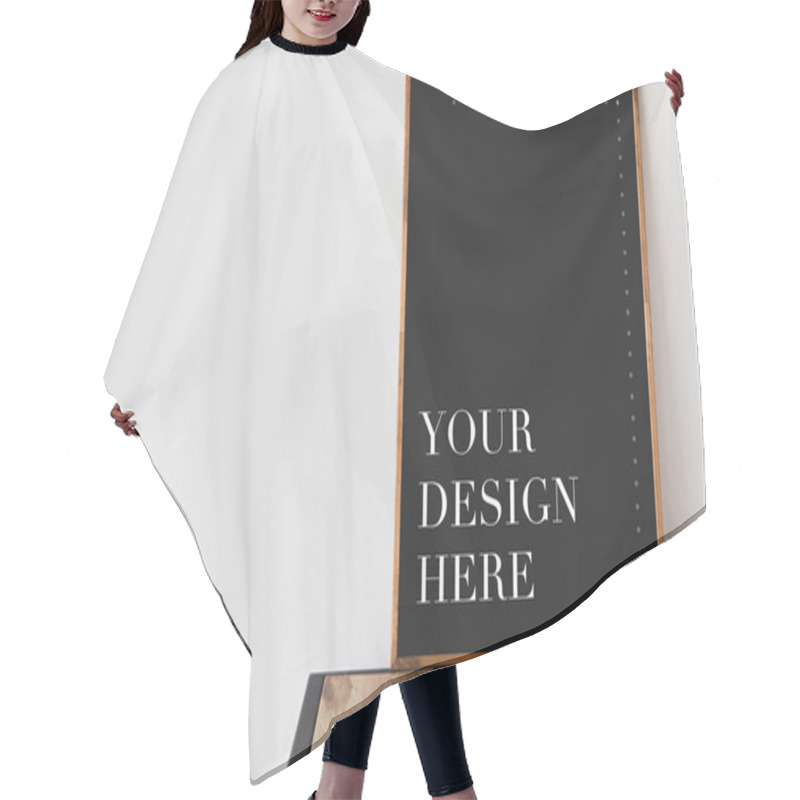 Personality  Big Blackboard With Text Your Design Here On Wooden Table On White  Hair Cutting Cape