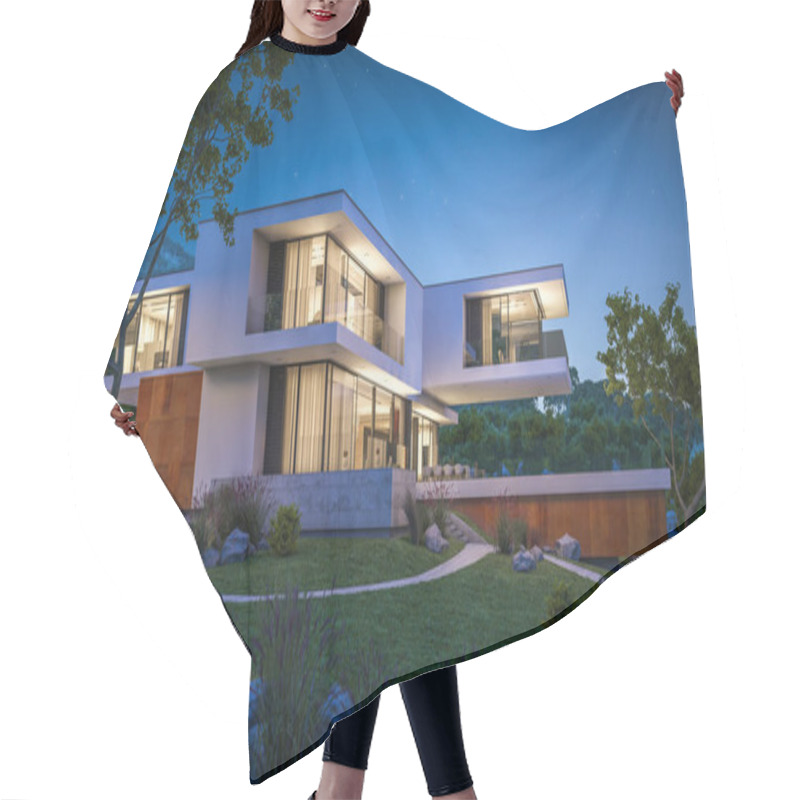 Personality  3d Rendering Of Modern House By The River At Night Hair Cutting Cape