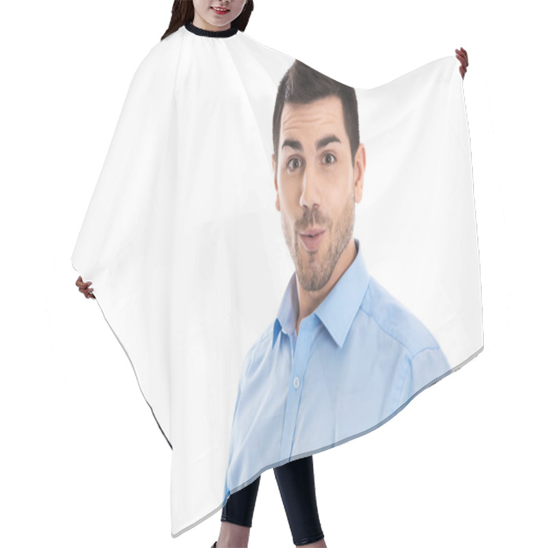 Personality  Portrait Of An Isolated Funny Businessman Wondering And Amazed. Hair Cutting Cape