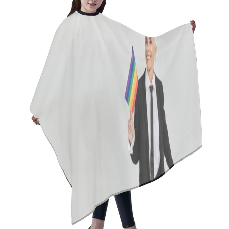 Personality  Confident Woman Joyfully Waves Rainbow Flag, Embracing Her Identity And Style. Hair Cutting Cape