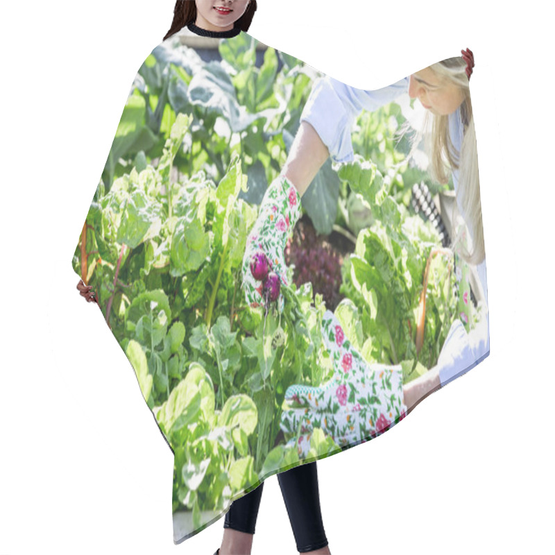 Personality  Young Blonde Female Gardener Working In Her Own Raised Bed Hair Cutting Cape