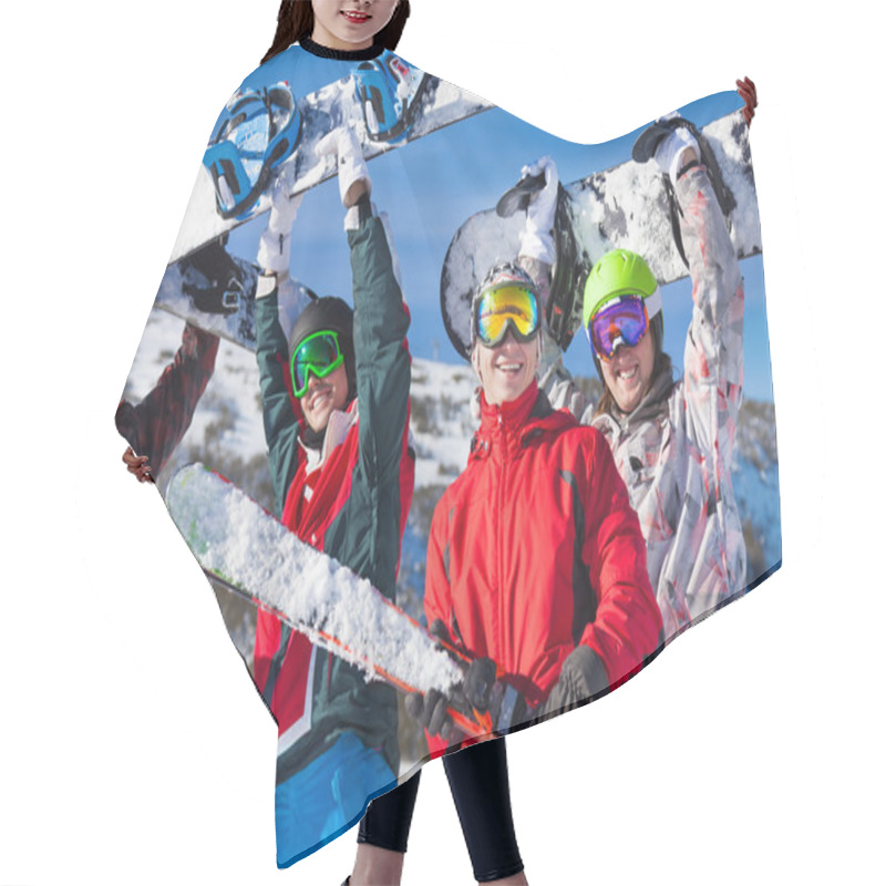 Personality  Four Friends Holding Snowboards And Skies Hair Cutting Cape