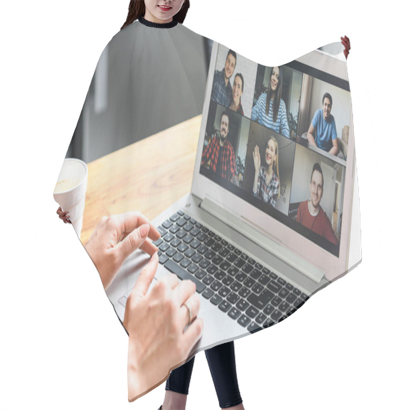 Personality  Video Meeting On Laptop Screen, Zoom App Hair Cutting Cape