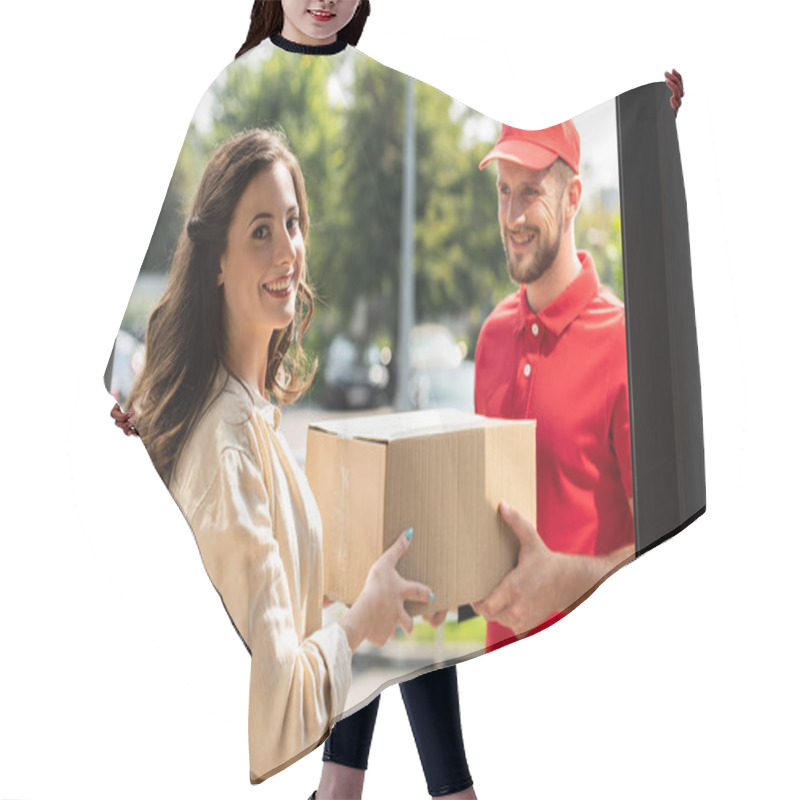 Personality  Cheerful Woman Smiling Near Happy Delivery Man With Box  Hair Cutting Cape