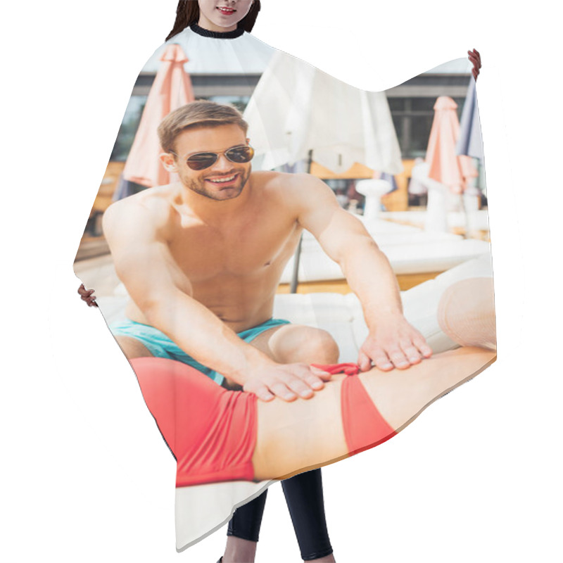 Personality  Smiling Man In Sunglasses Doing Massage For Girlfriend At Resort Hair Cutting Cape