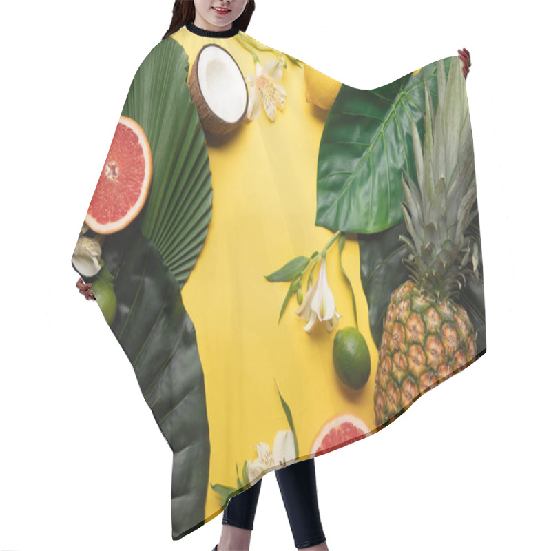 Personality  Top View Of Ripe Organic Tropical Fruits On Yellow Background With Green Leaves And Alstroemeria Flowers Hair Cutting Cape