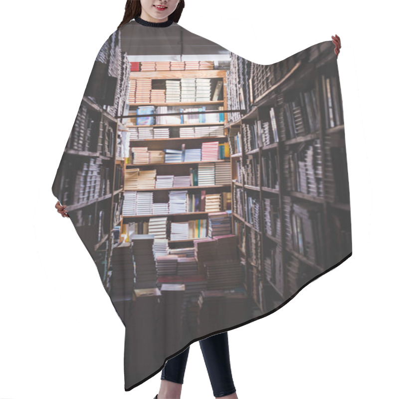 Personality  Selective Focus Of Books On Wooden Shelves In Library Hair Cutting Cape