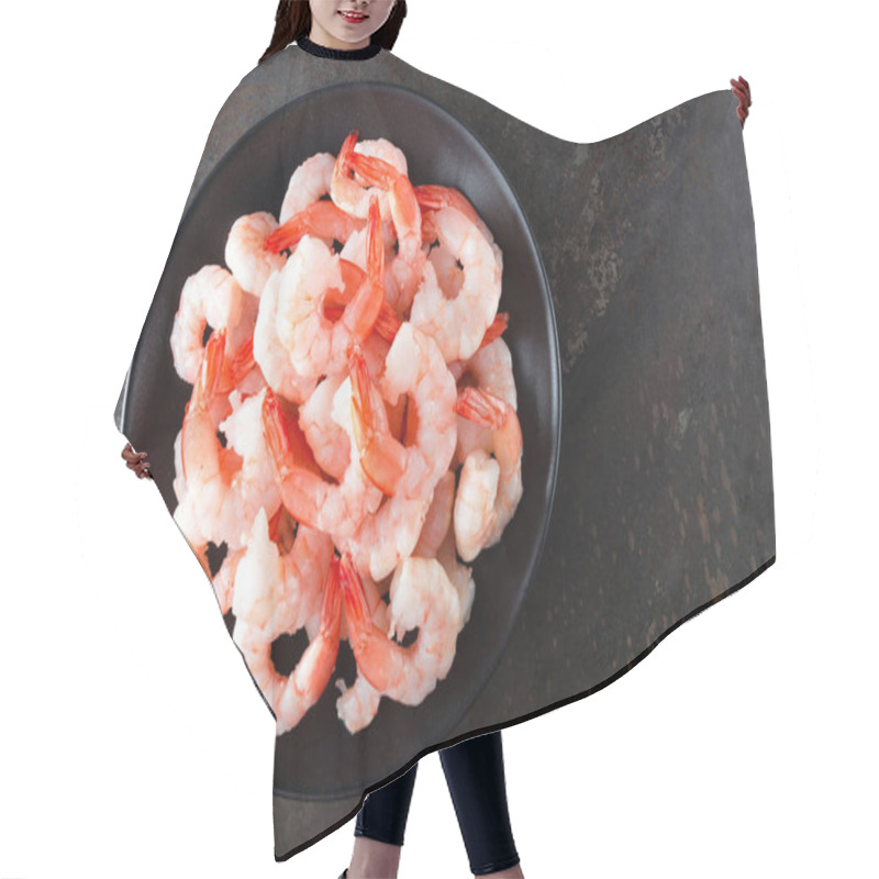 Personality  Fresh Prawns. Raw Shrimps, Prawns. Seafood. Top View. Dark Background Hair Cutting Cape