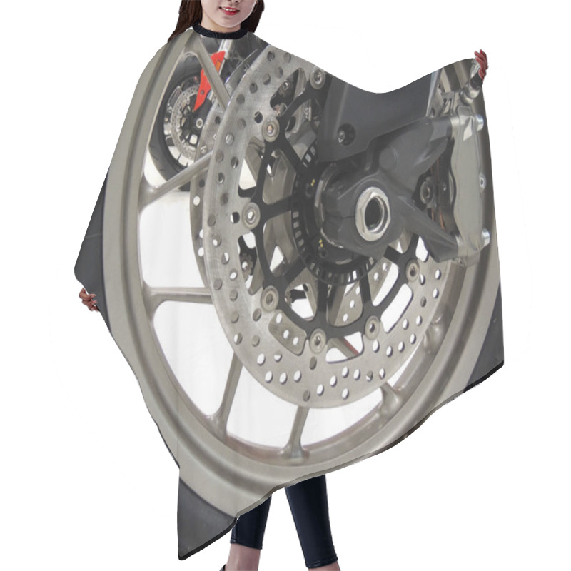 Personality  Brake Disc On The Front Wheel Of Sport Motorcycle At Moto Shop Stock Photo Hair Cutting Cape