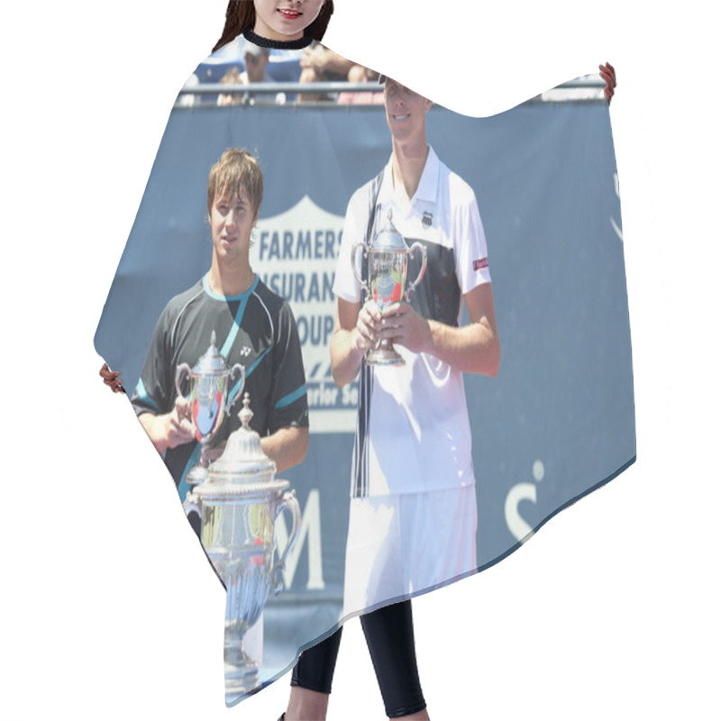 Personality  Ricardas Berankis And Sam Querrey Show Off The Second And First Place Trophies Hair Cutting Cape