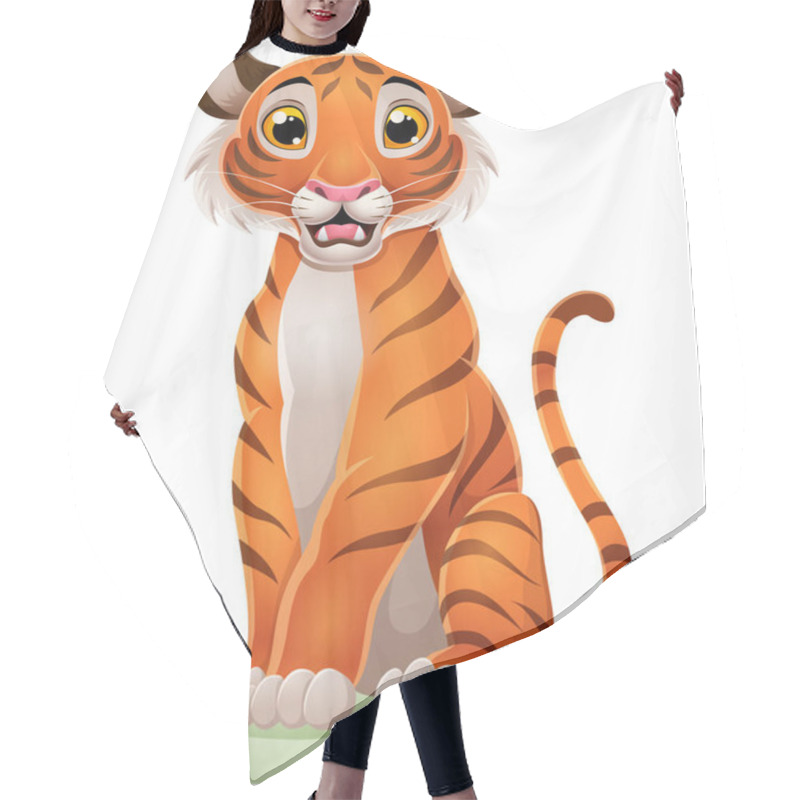 Personality  Vector Illustration Of Cartoon Tiger Sitting In The Grass Hair Cutting Cape