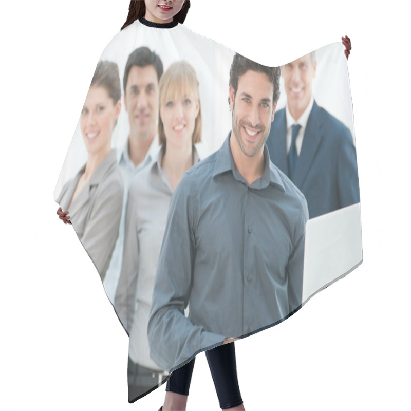 Personality  Business Man Holding A Modern Laptop Hair Cutting Cape