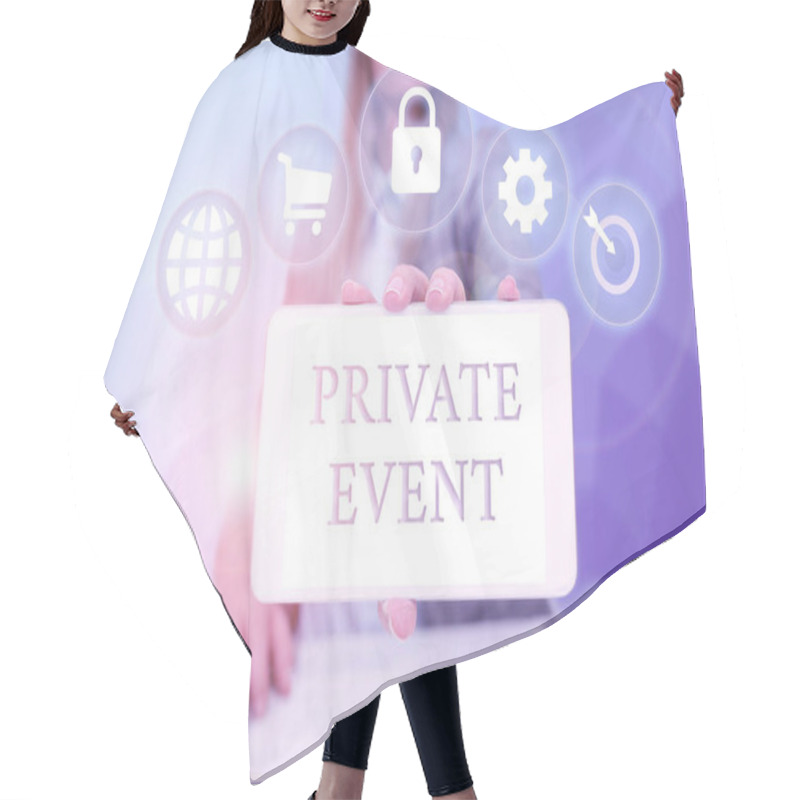 Personality  Writing Displaying Text Private Event. Internet Concept Exclusive Reservations RSVP Invitational Seated Business Woman Sitting In Office Holding Mobile Displaying Futuristic Ideas. Hair Cutting Cape