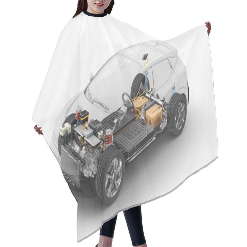 Personality  Electric Generic Car Technical Cutaway 3d Rendering With All Main Details Of EV System In Ghost Effect With Drawing. Perspective Bird Eye View On White Background. Hair Cutting Cape