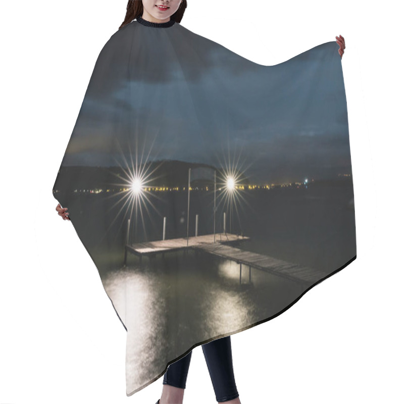 Personality  Swimming Pier On A Lake At Night With Two Lights Burning Bright Over Shimmering Water And The Lights On The Opposite Shore Glowing In The Distance Hair Cutting Cape