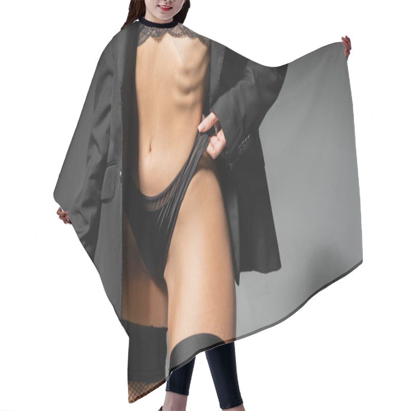 Personality  Confidence And Self-expression, Cropped View Of Modern Woman With Sexy And Slender Body Pulling Panties While Posing In Black Blazer And Stockings On Grey Background, Sensuality And Fashion Hair Cutting Cape