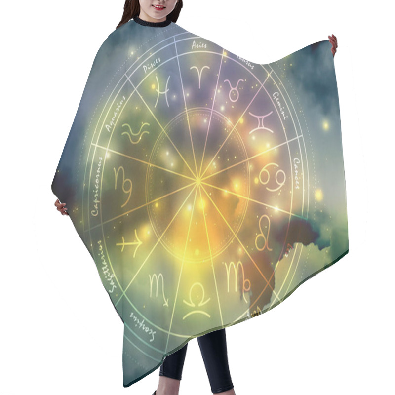 Personality  Illustration Of Night Sky With Stars And Zodiac Wheel Hair Cutting Cape