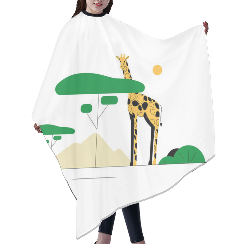 Personality  A Giraffe Standing Near Green Trees With A Mountain And Sun In The Background, Symbolizing Wildlife, Nature, And African Landscapes In Flat Vector Style. Hair Cutting Cape