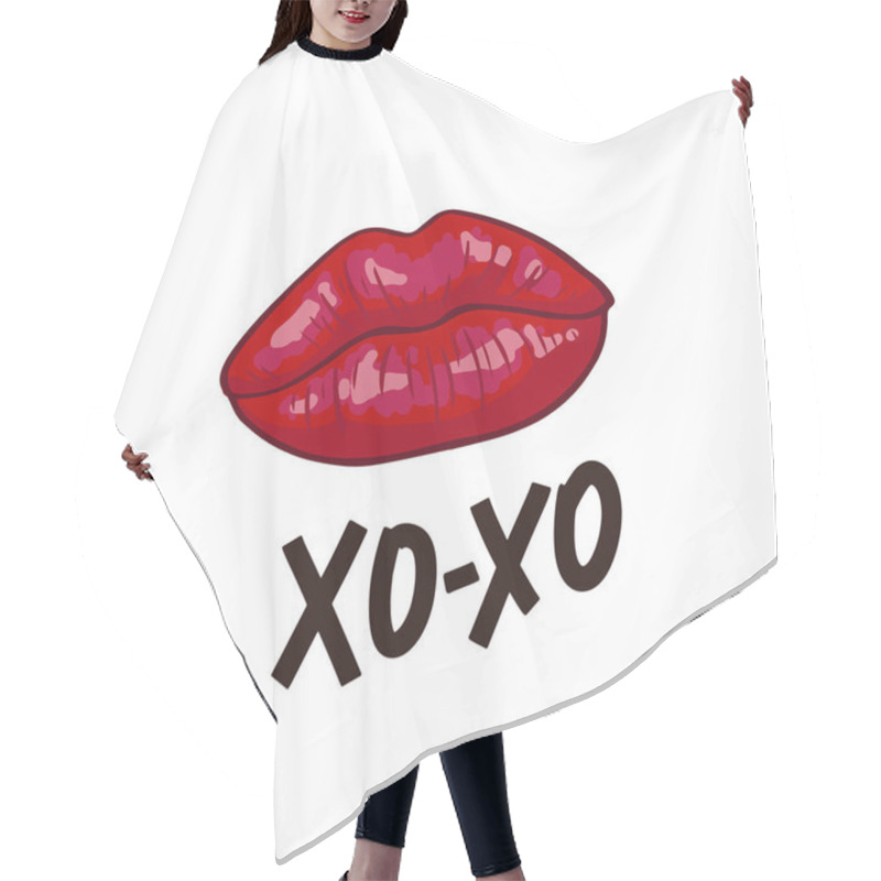 Personality  Lips Kiss And Hand Drawn Text Xoxo. Romantic Background With Red Lip Shape. Poster Design Template. Vector Illustration. Isolated On White Hair Cutting Cape