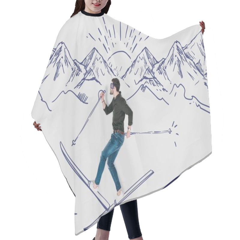 Personality  Creative Hand Drawn Collage With Man Skying In Snowy Mountains Hair Cutting Cape