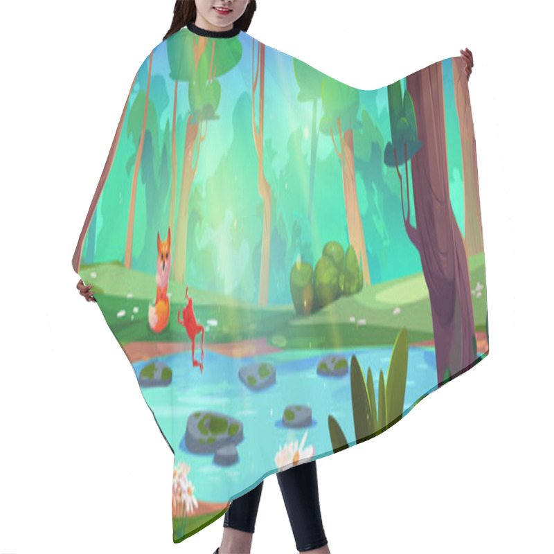 Personality  Jungle Forest With River Water Nature Background. Rainforest Lake Vector Scene With Green Grass And Tropical Animal. Sunny Ecosystem Environment With Frog And Fox. Panoramic Wild Flora Fantasy Game Hair Cutting Cape