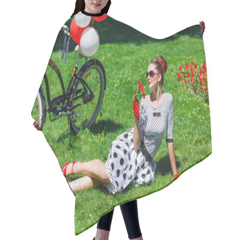 Personality  Beautiful Young Woman Retro Pin-up Style With Bicycle Hair Cutting Cape