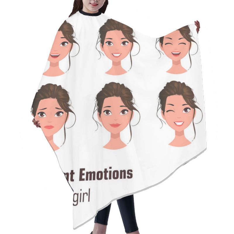 Personality  Woman With Different Face Expressions. Young Attractive Girl With Various Emotions. Cute Businesswoman. Set Of Six Vector Illustrations. Hair Cutting Cape